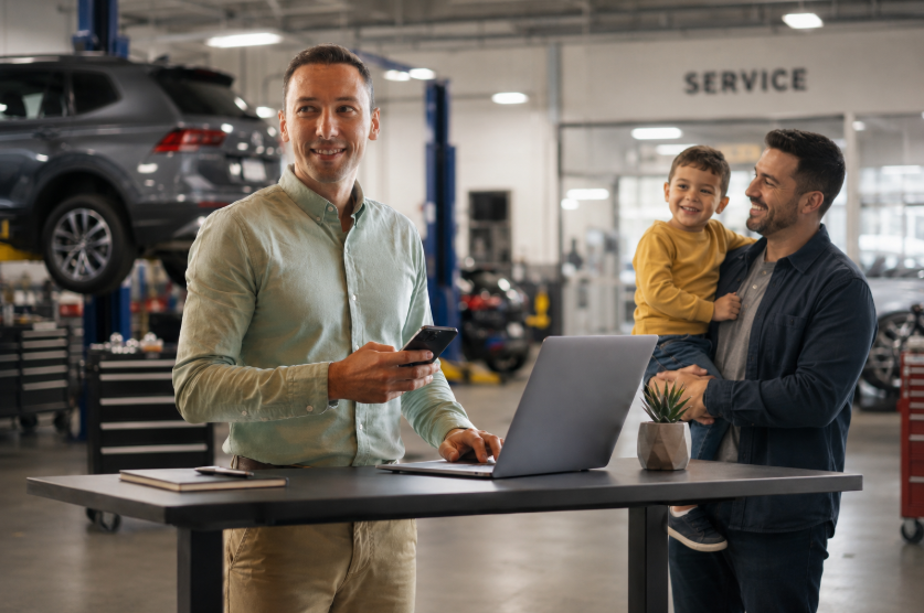 Service advisor at a car dealership shop assisting a happy family