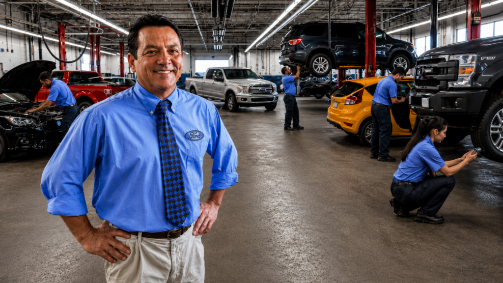 Service Advisor happily standing in a streamlined dealership 