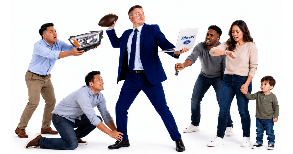 Service Advisor at a dealership holding a football like a quarterback as he deals with customers, techs, and the chaos of running a dealership